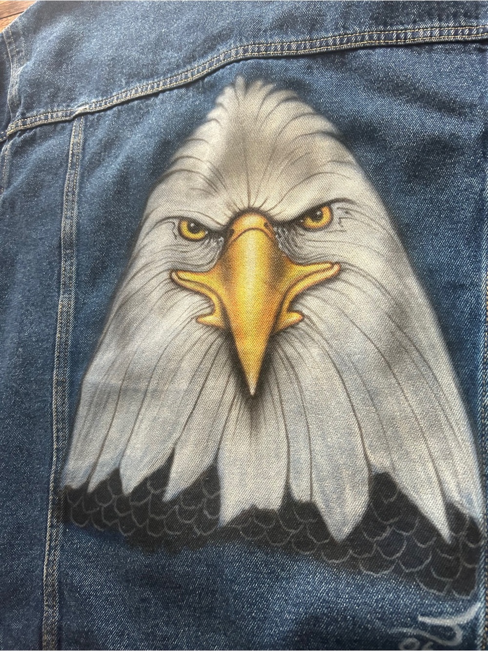 Wrangler Hero Vintage Large Denim Jacket Custom Painting of Eagle  on Back - Picture 3 of 8